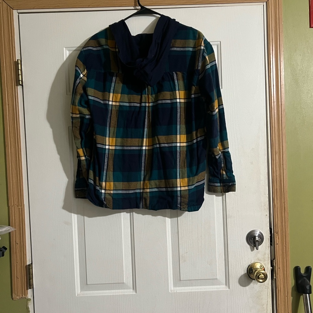 Eddie Bauer Green and Yellow Plaid Button Down Shirt with Hood